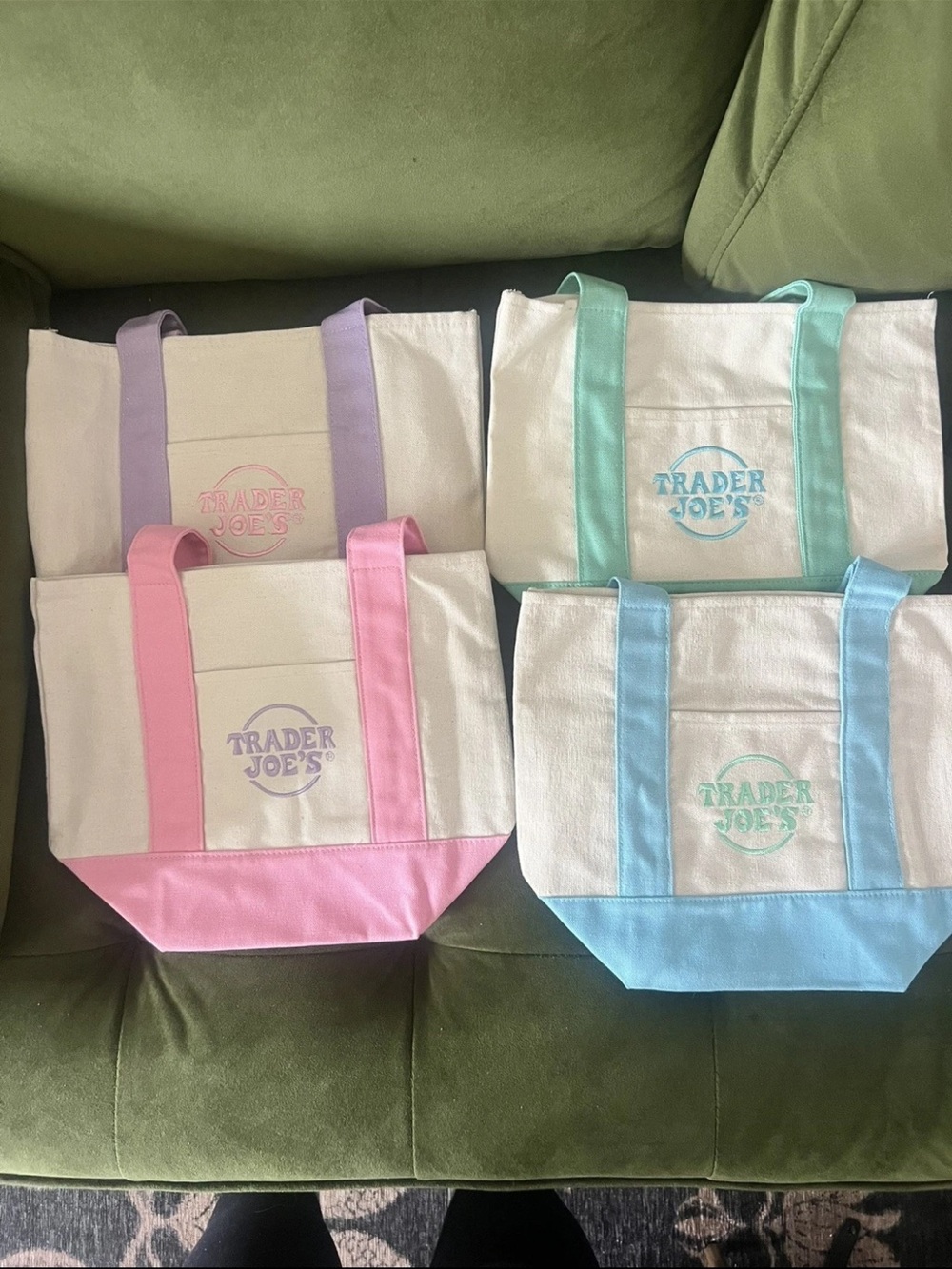 Trader Joe's Pastel Canvas Mini Tote Bags (set of 4). Pink, Lavender, Mint, Blue